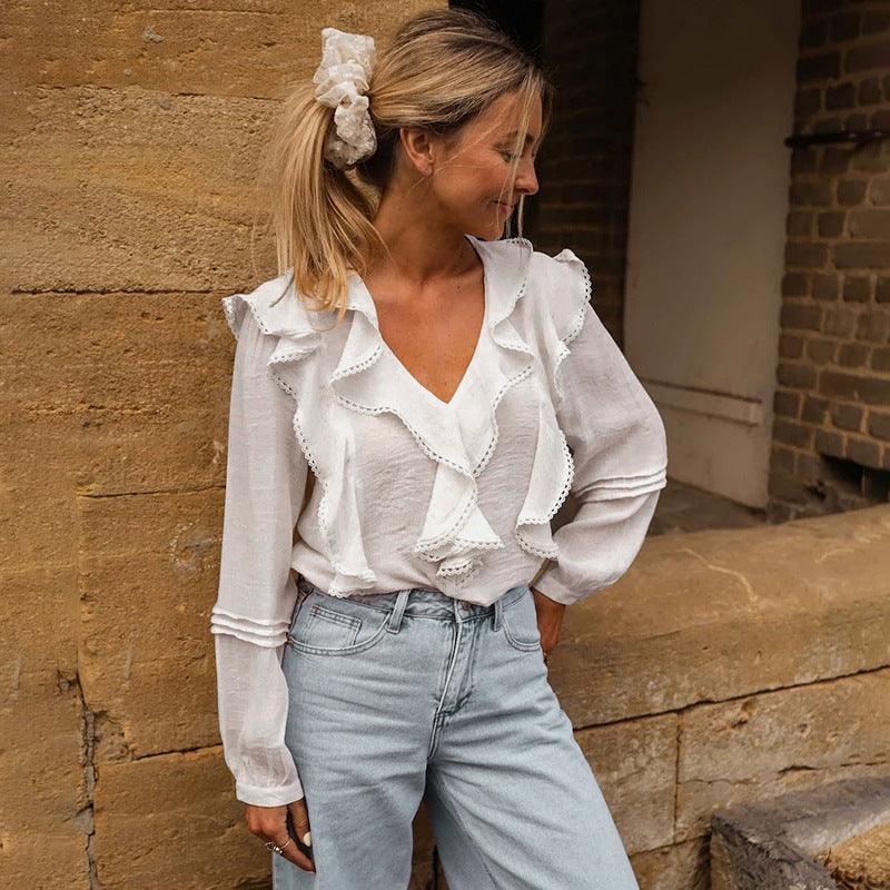 Women's Fall French Pastoral Top Lace Ruffled V Neck White Shirt Women
