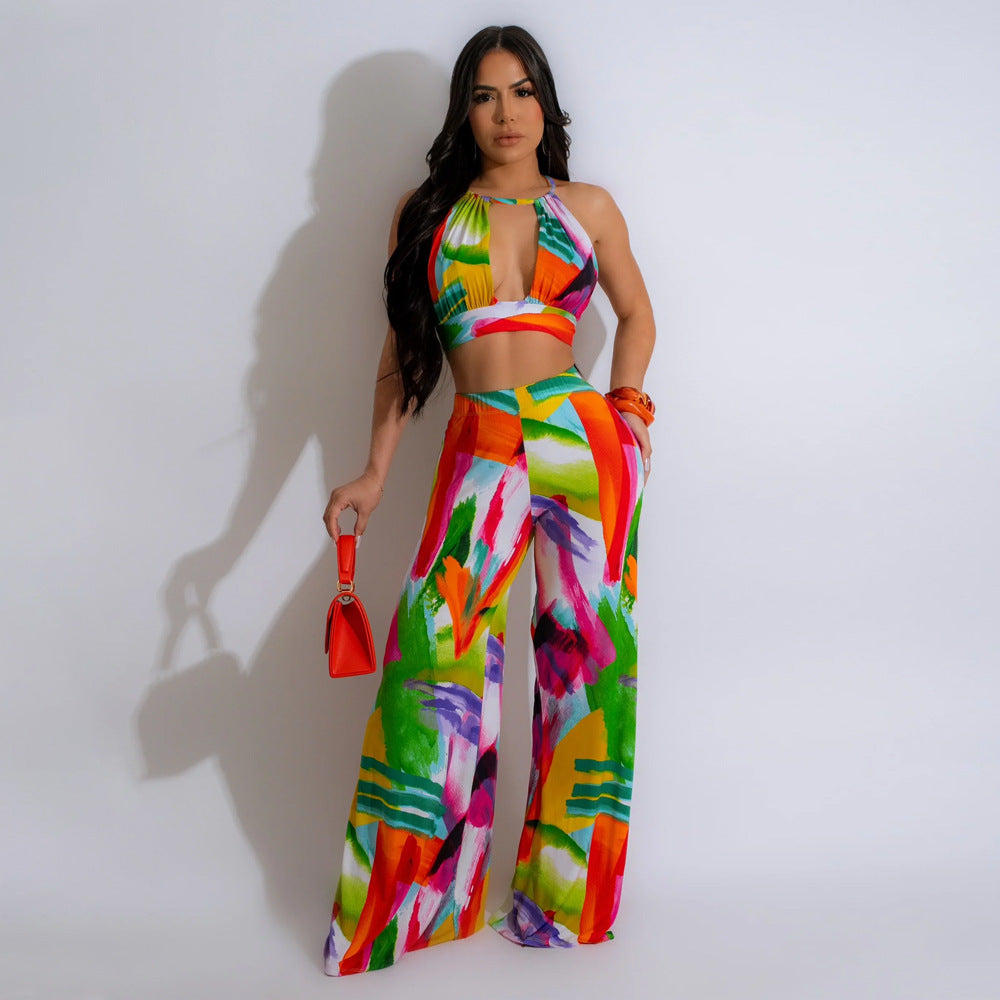 Women's Two Piece Printed Short Lace Up Top Wide Leg Pants