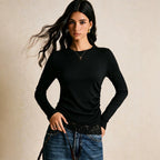 Elegant Black Long Sleeved Top Women Side Pleating Lace