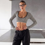 Women's Autumn Sexy Cropped Long Sleeve Inner Bottoming Shirt Striped Top