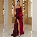 Elegant Long Sequined Sleeveless Diagonal Collar Backless Dress