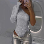 Women's One Shoulder Rhinestone Sequin Top
