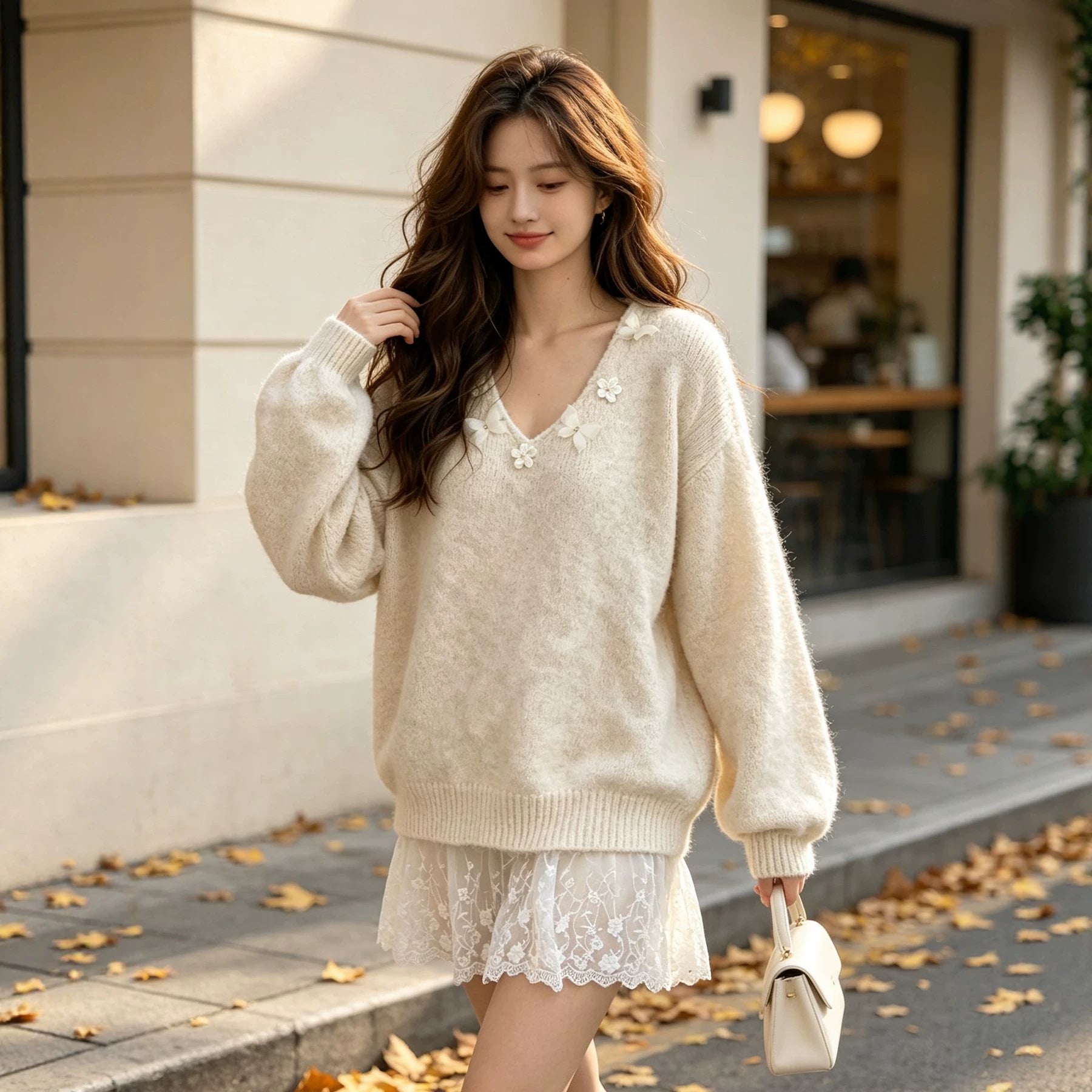 Women's Embellished V-Neck Floral Sweater
