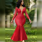 Sequined Low Cut Stitching Mesh Elegant Party Fishtail Dress