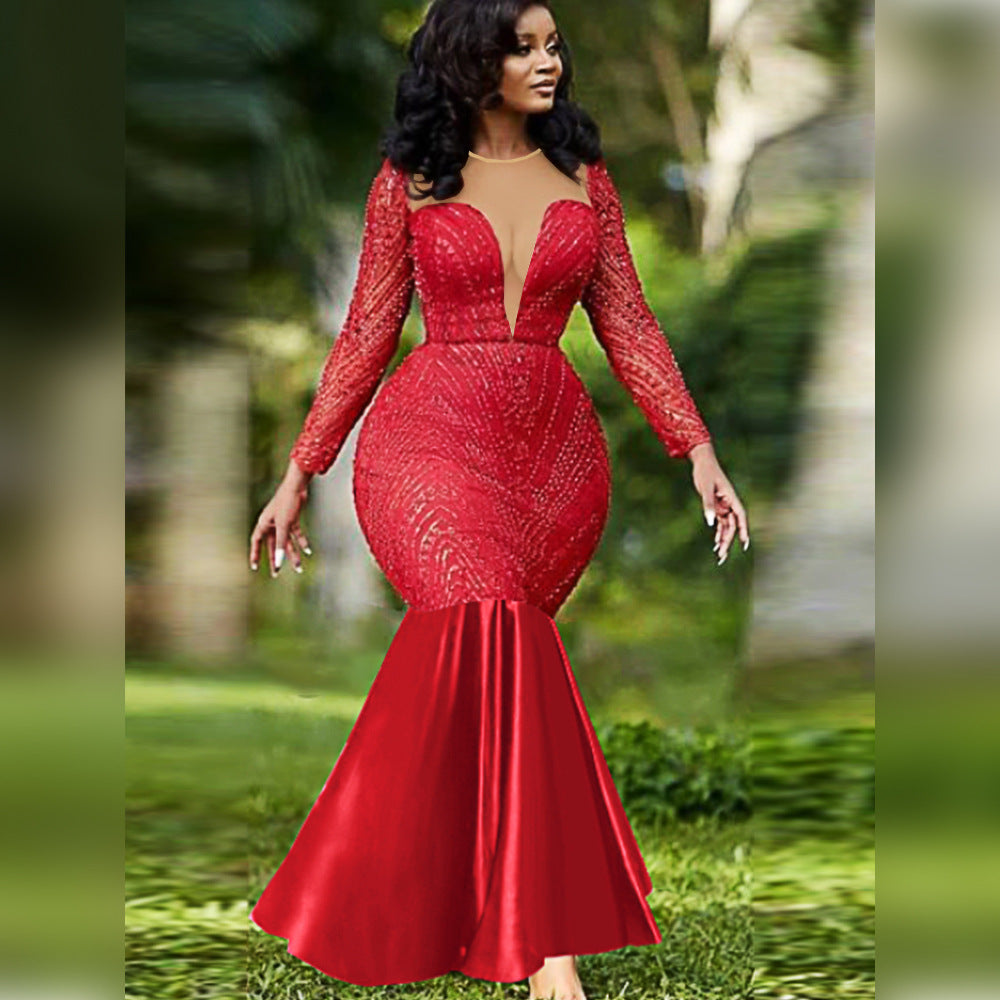Sequined Low Cut Stitching Mesh Elegant Party Fishtail Dress