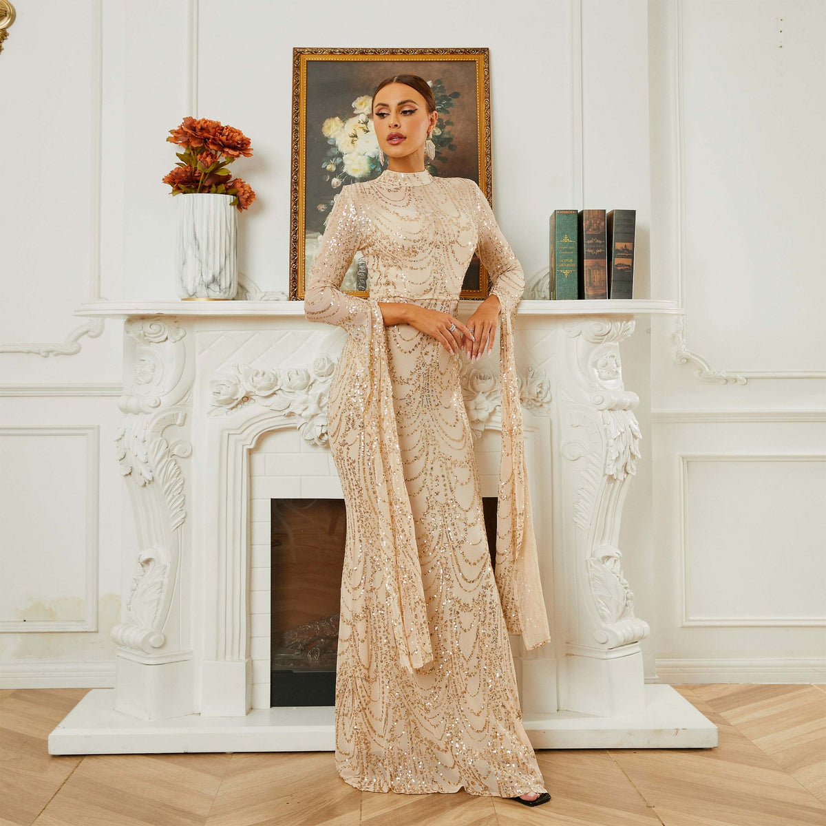 Women's High End Long Sequined Long Sleeve Round Neck Cocktail Dress