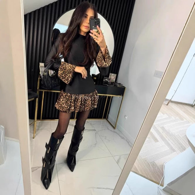 Leopard Print Flared-Sleeve Mini Dress