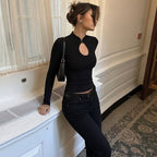 Women's Black Cutout Button-Detail Long-Sleeve Top