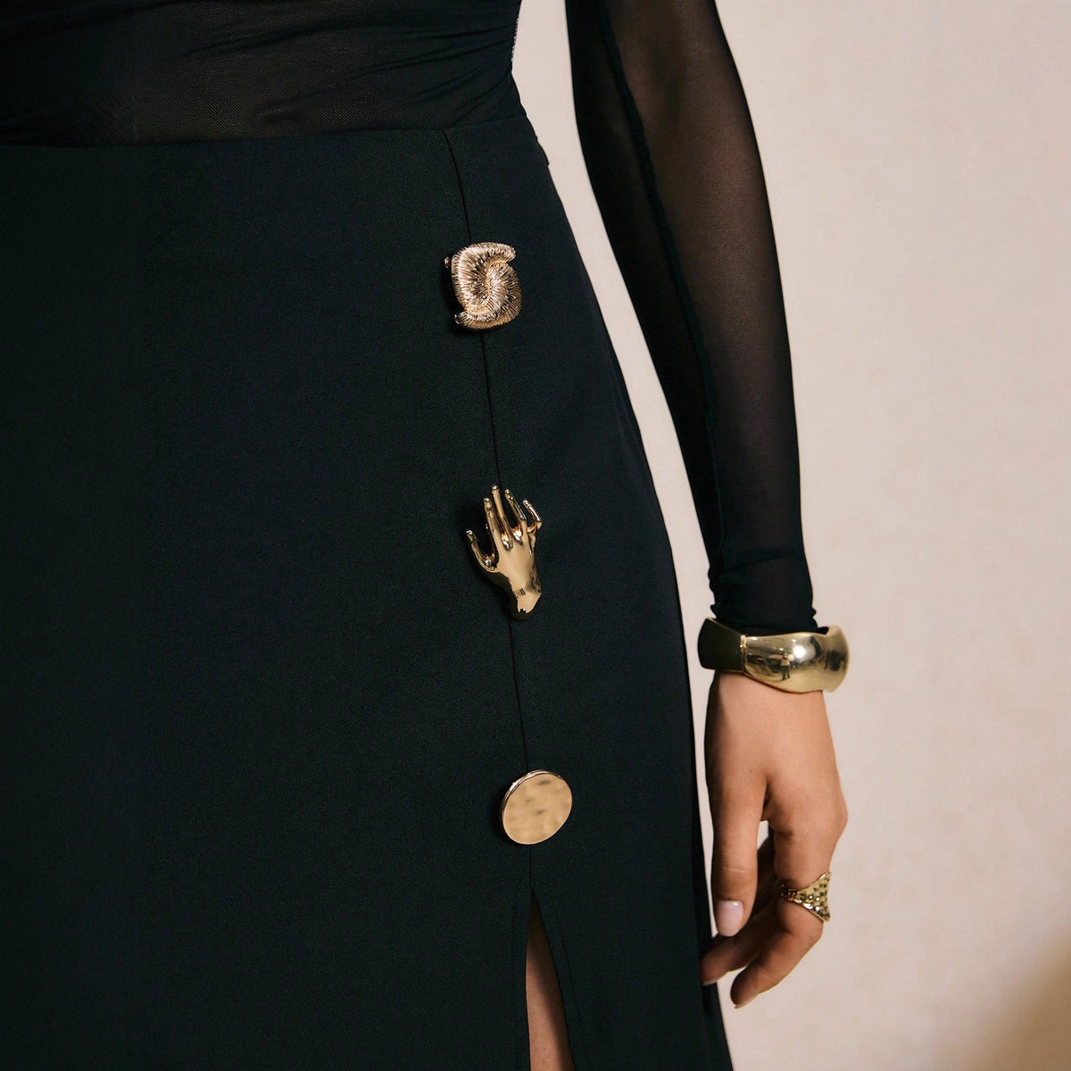 Metal Buckle High-Waist Sheath Skirt