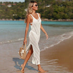 White sleeveless chevron knit beach cover-up dress with V neckline and side slit