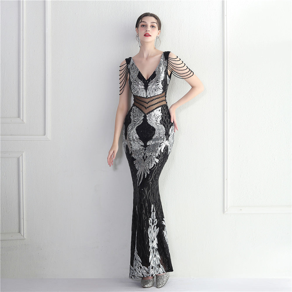 Women's Positioning Floral Heavy Industry Beaded Long Fish Tail Evening Dress Suitable Attending Formal Occasions