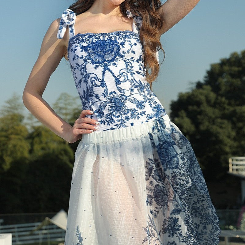 Blue White One-piece Swimwear