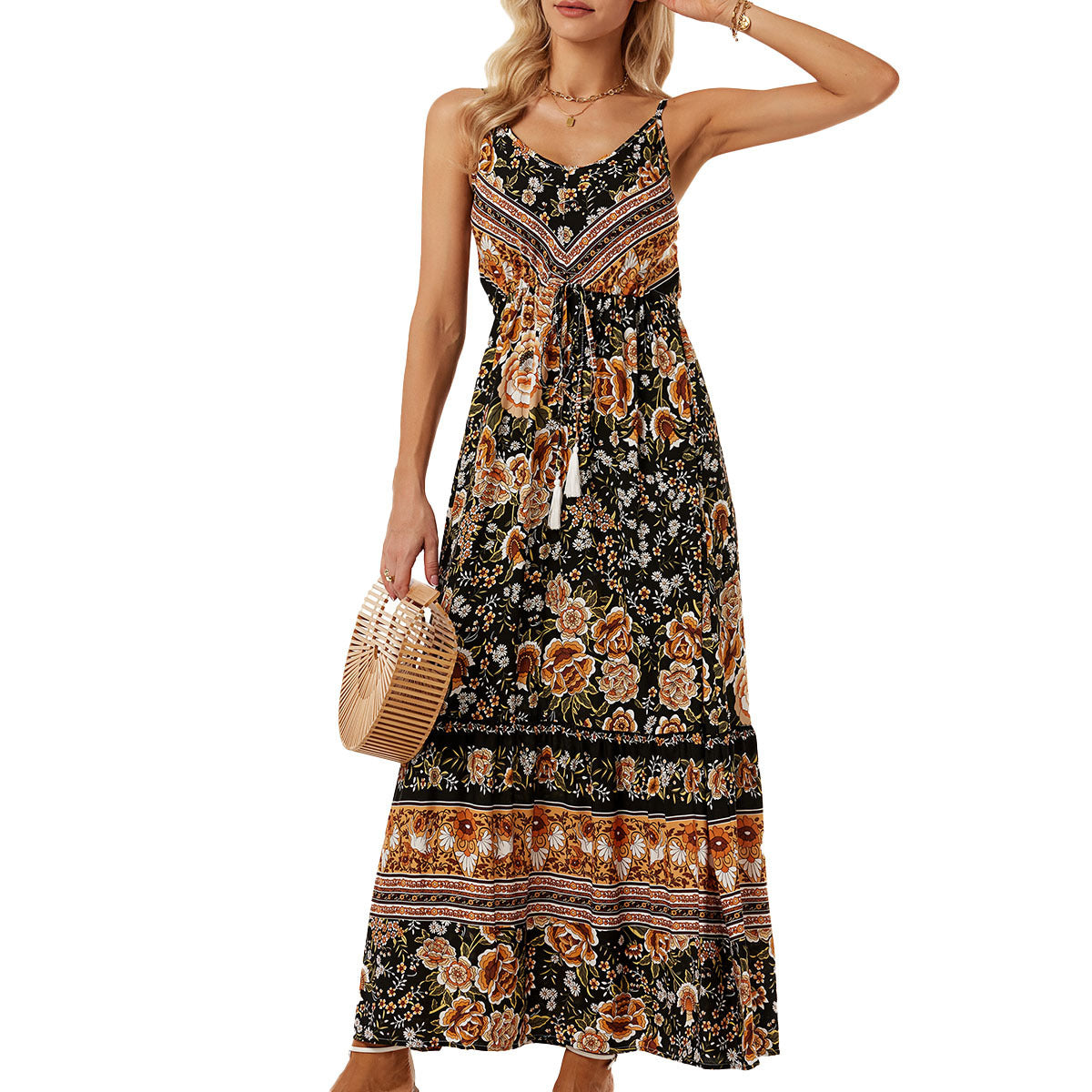 Women's V-Neck Floral Tie Sleeveless Vacation Dress