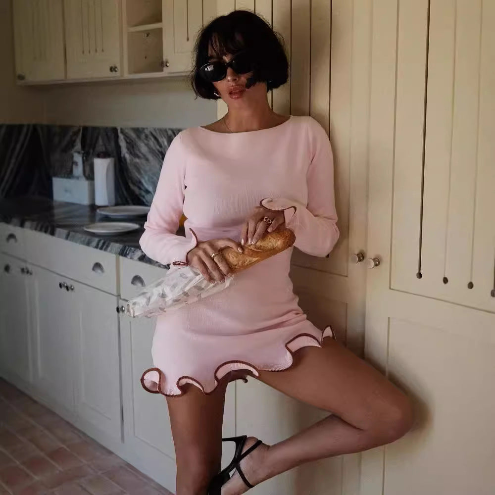 Ruffle Ribbed Long-Sleeve Knit Bodycon Mini Dress