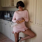Ruffle Ribbed Long-Sleeve Knit Bodycon Mini Dress