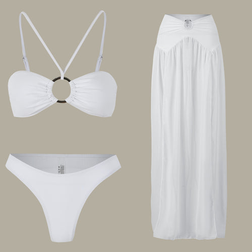 White bandeau one-piece swimsuit: bandeau top and high-rise brief bottoms