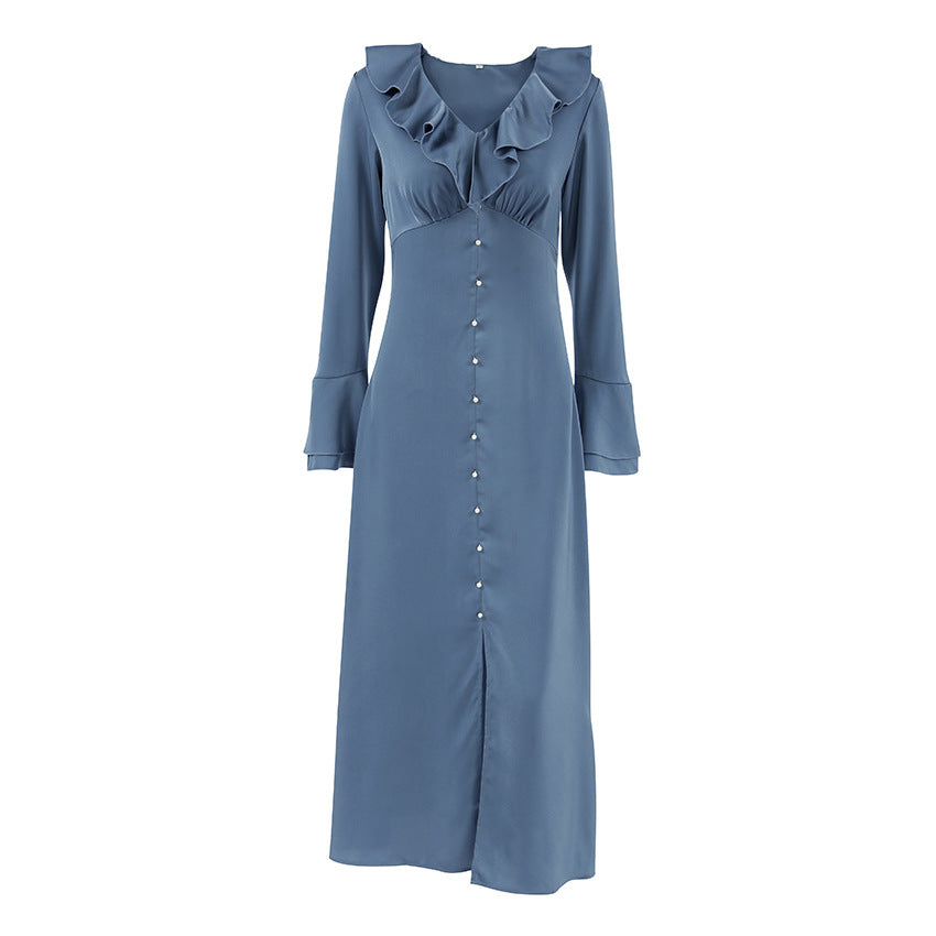 Women's Satin V-Neck Ruffle Maxi Dress