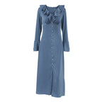 Women's Satin V-Neck Ruffle Maxi Dress