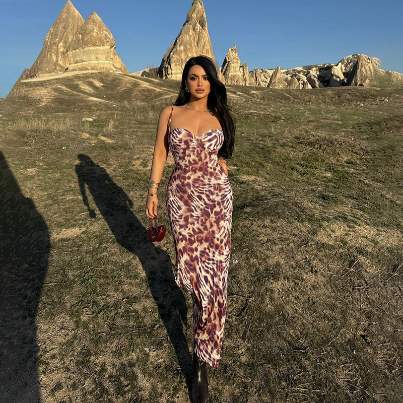 Animal Print Sweetheart Sleeveless Bodycon Maxi Dress