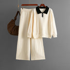 Autumn Winter Polo Collar Loose Multicolor Sweater Casual Pants Wide Leg Two-Piece Set