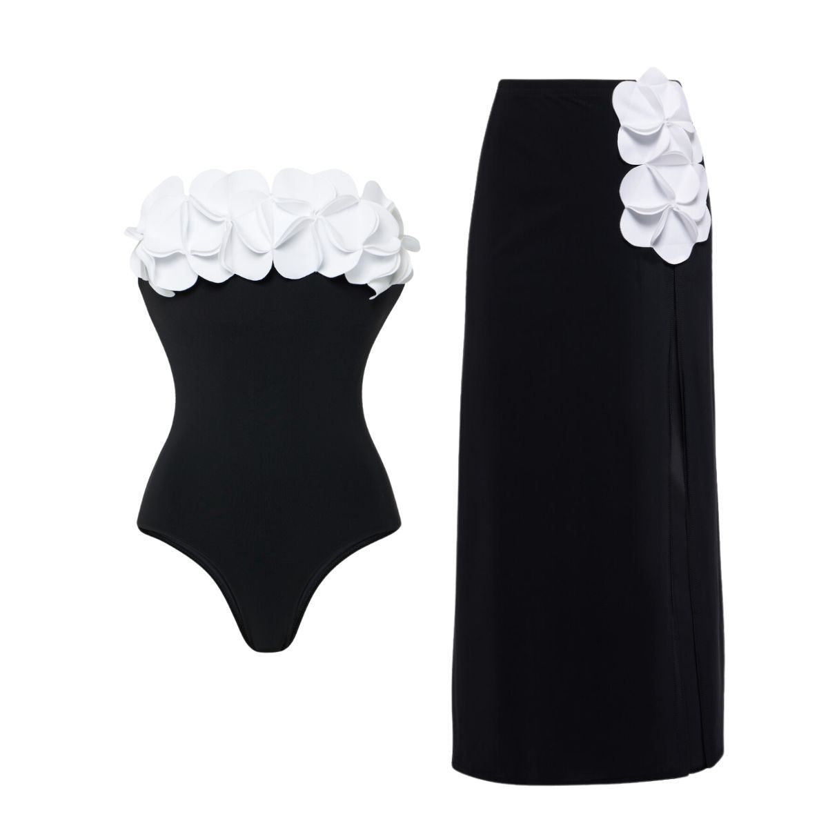Black one-piece swimsuit with white ruffled neckline and matching skirt with flower shoulder
