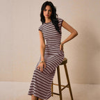 Casual Multicolor Striped Waist round Neck Short Sleeve Long Pattern Dress