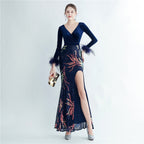 Women's Ostrich Feather Sequin Velvet Side Slit Long Sleeve Evening Dress