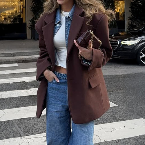 Burgundy longline blazer with notch lapels and flap pockets, long sleeves