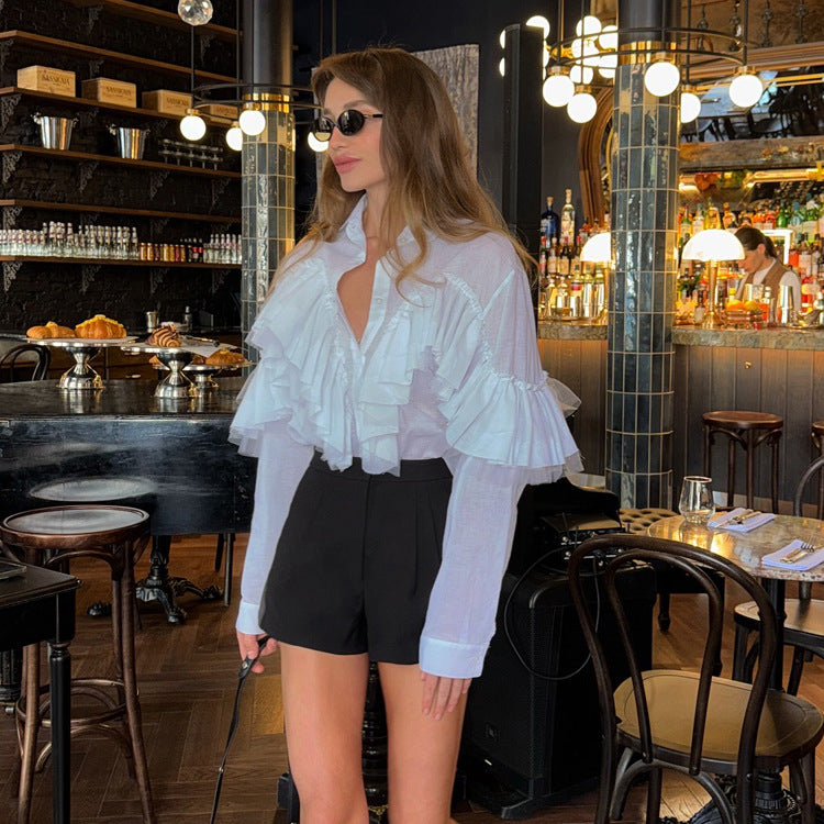Women's French Design Ruffled White Shirt Women Autumn Polo Collar Long Sleeve Office All Match Top