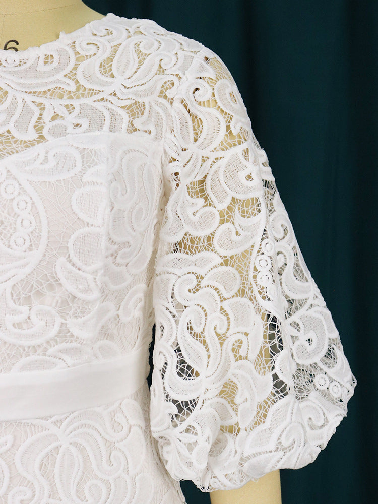Lace Hollow out Lantern Sleeve Long Sleeve High Waist Party Evening Dress Mid Length Dress Women Party Dress