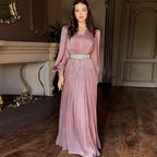 Women's Fuchsia V-Neck Tulle Long Sleeve Dress
