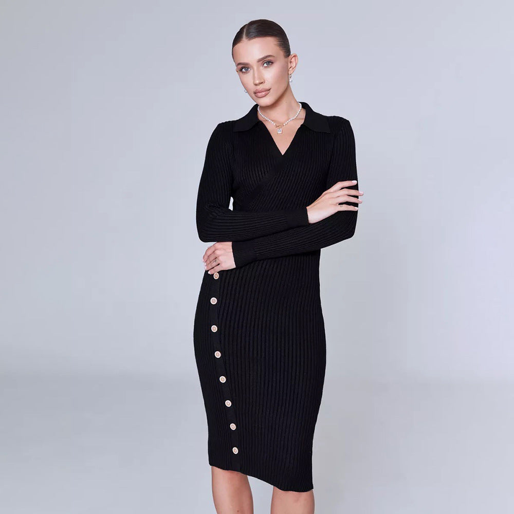 Women's Polo-Collar Knitted Sweater Dress