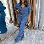 Women Clothing Long Sleeve Denim Zipper Jumpsuit Solid Color Zipper Hooded Jumpsuit Autumn