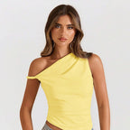Women's Fresh Vitality One Shoulder Irregular Asymmetric Cutting Design With Pleated Details Fit Top