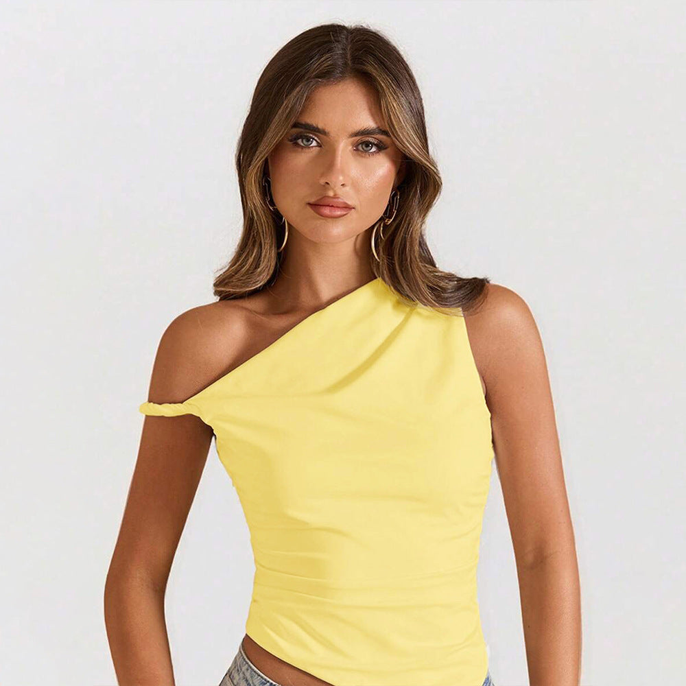Women's Fresh Vitality One Shoulder Irregular Asymmetric Cutting Design With Pleated Details Fit Top