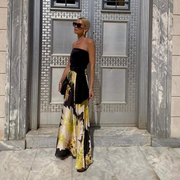 Women's Summer Bandeau Printing Top and Skirt Two-Piece Set