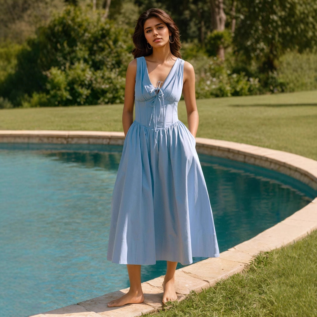 Women's V Neck Lace Up Strap Dress