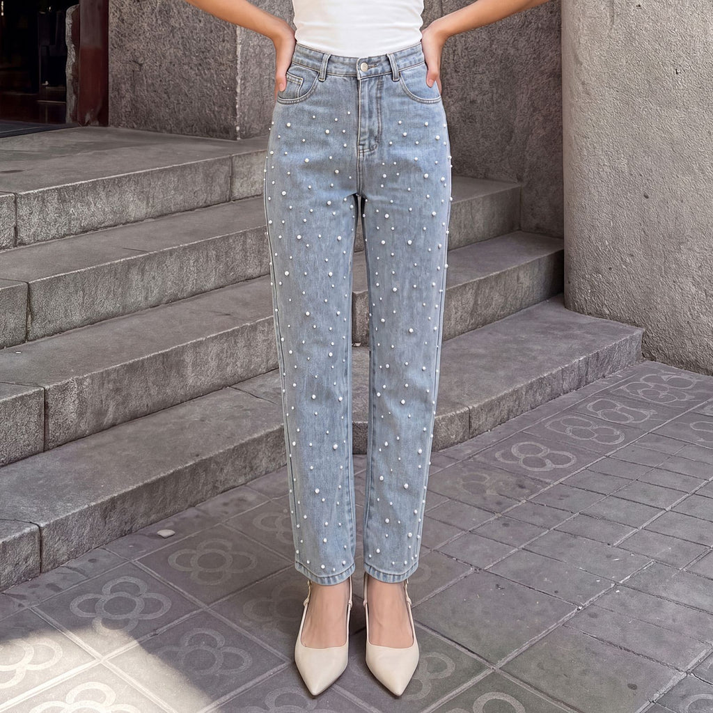 Women's Pearl Detail Straight-Leg Jeans