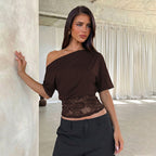 Women Clothing One Shoulder Cold Shoulder Short Sleeve Sexy Lace Stitching Waist Trimming Short Top T shirt