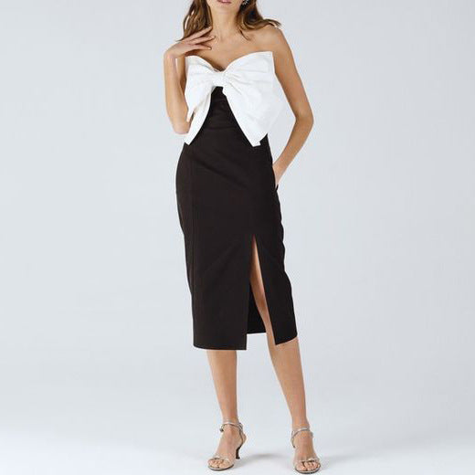Strapless Bow Split Bodycon Midi Dress