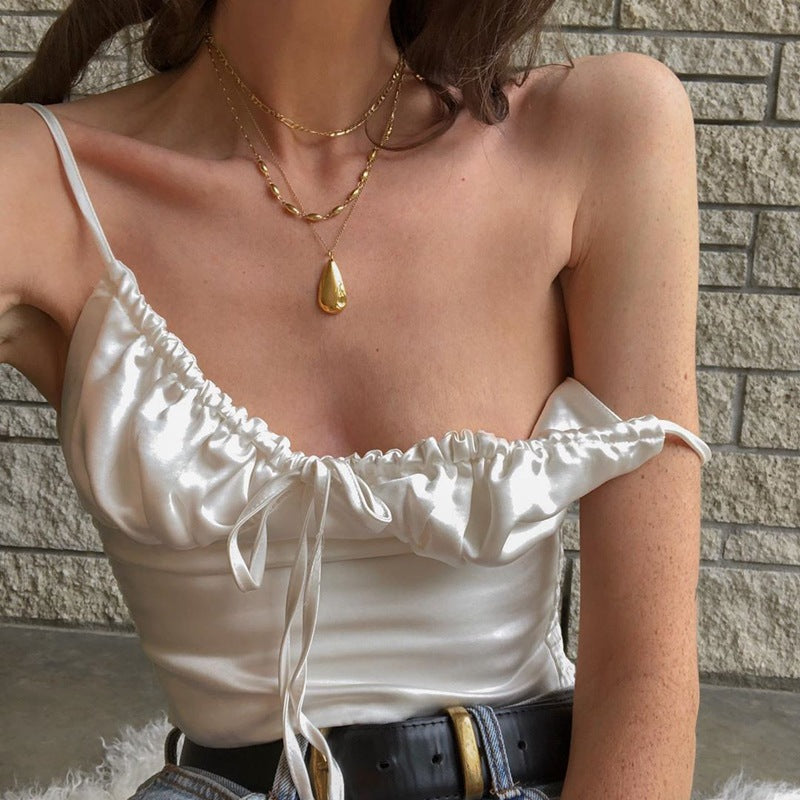 's Wind V Neck Lace Up Solid Color Silk Bright Vest Top