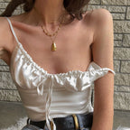 's Wind V Neck Lace Up Solid Color Silk Bright Vest Top