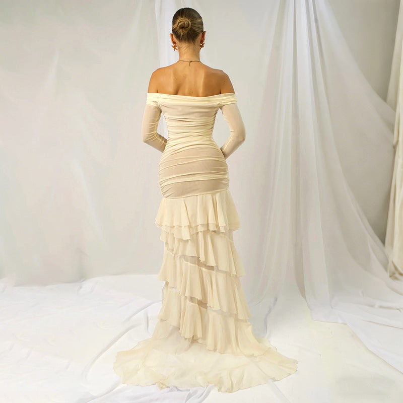 Apricot pleated long-sleeve dress, off-shoulder neckline and tiered ruffle back hem