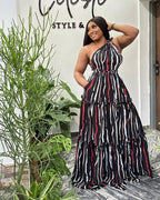 Printed Stitching Lace-Up Large One-Shoulder Backless Dress