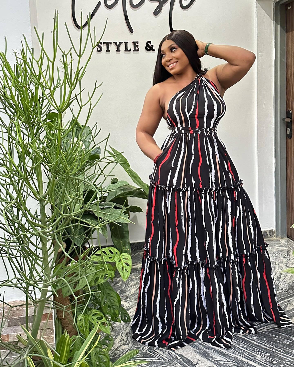 Printed Stitching Lace-Up Large One-Shoulder Backless Dress