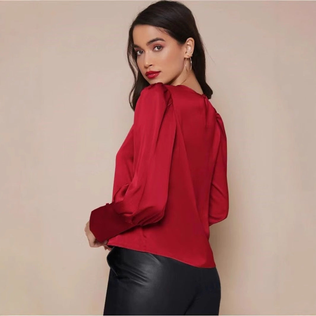 Women's Long Sleeve Lantern Sleeve Satin Shirt