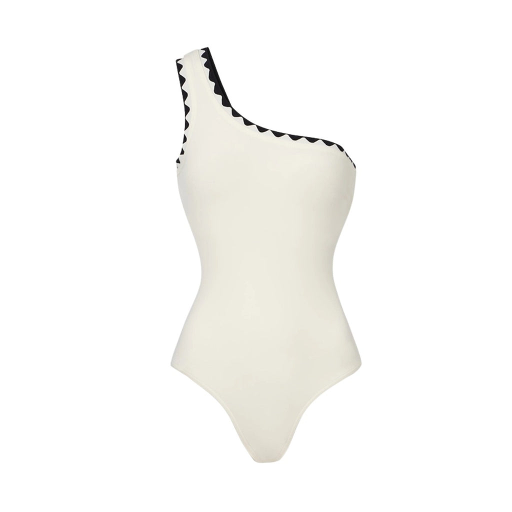 White one-piece swimsuit with black scalloped U-neck and straps
