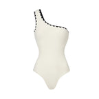 White one-piece swimsuit with black scalloped U-neck and straps