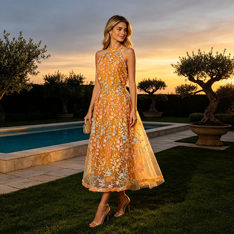 Women's Floral Embroidered Halter Maxi Dress