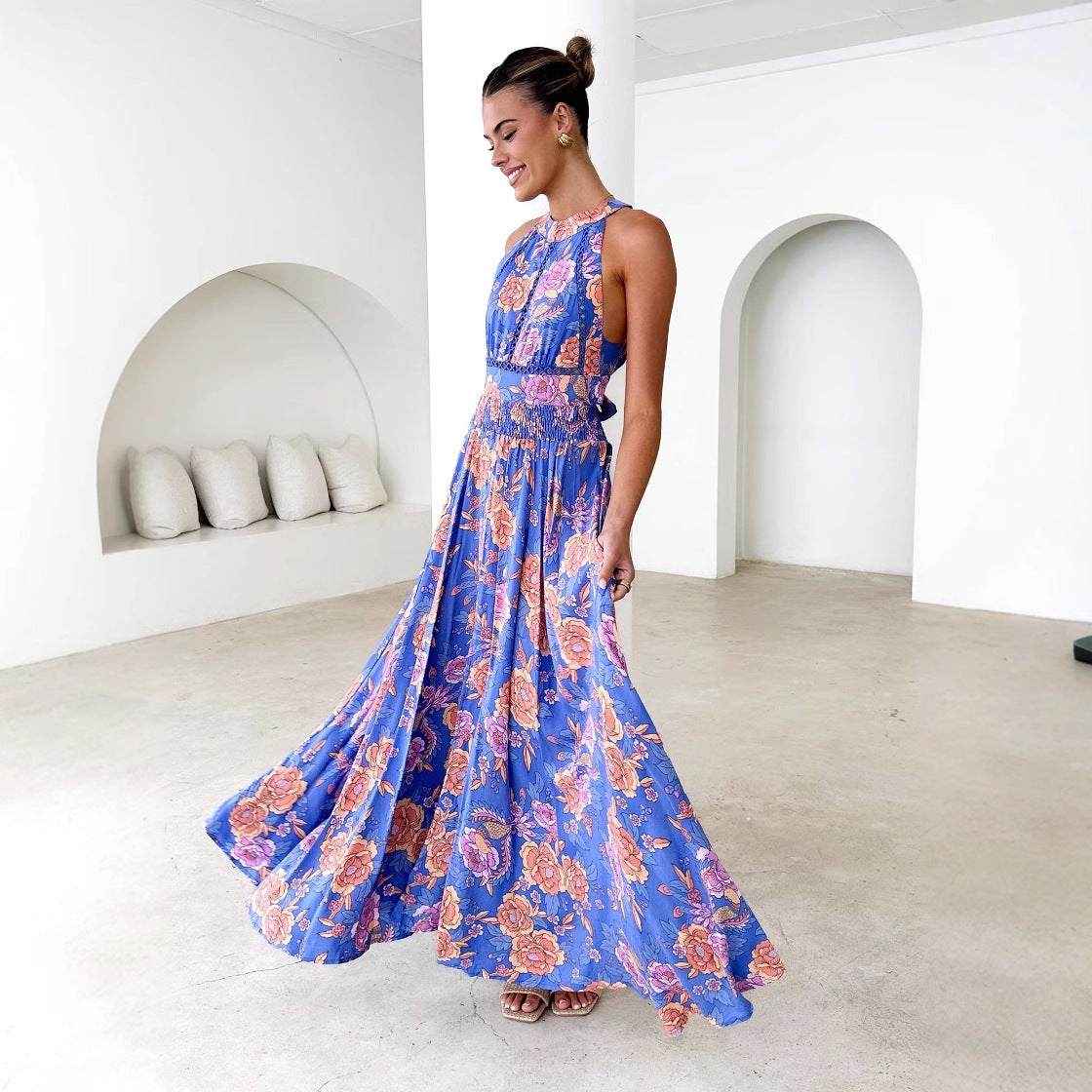 Printed Halter Beach Bohemian High-Waist Backless Floral Dress